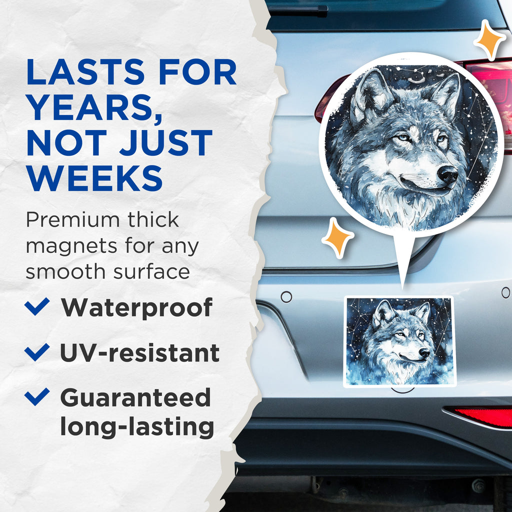 (2 Pack) Celestial Wolf Magnets - Watercolor Animal Fridge Decor - Starry Night Spirit Wildlife - 5 Inches On Longest Side - Thick Durable Magnet - Made in USA - MAG39726