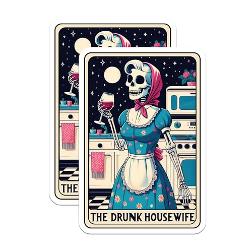 (2 Pack) The Drunk Housewife Stickers - Funny Skeleton Kitchen Decor - Retro Housewife Humorous Decals - 5" On Longest Side - Sticks to Smooth Flat Surfaces - Made in USA - BMCS4626
