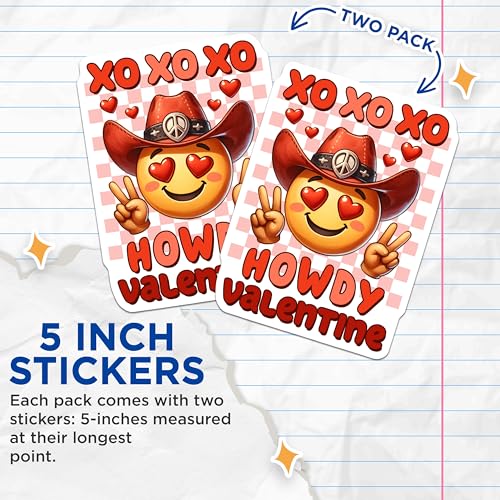 (2 Pack) Howdy Valentine Stickers - Cowgirl Emoji Stickers - Valentine's Day Love Stickers - 5" On Longest Side - Sticks to Any Smooth Flat Surface - Made in USA - BMCS3140
