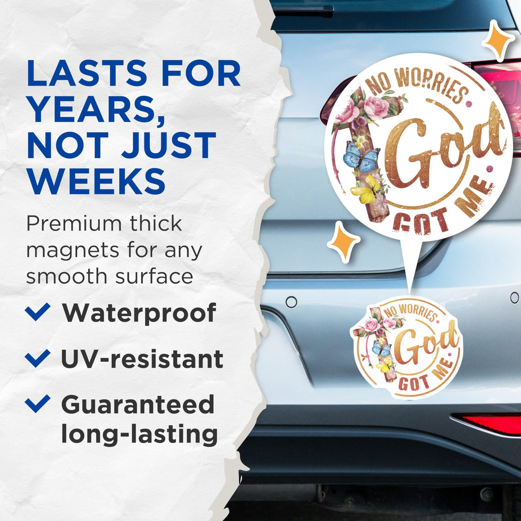 (2 Pack) No Worries God Got Me Magnets - Inspirational Christian Faith Decor - Religious Refrigerator Accent - 5 Inches On Longest Side - Thick Durable Magnet - Made in USA - MAG30264