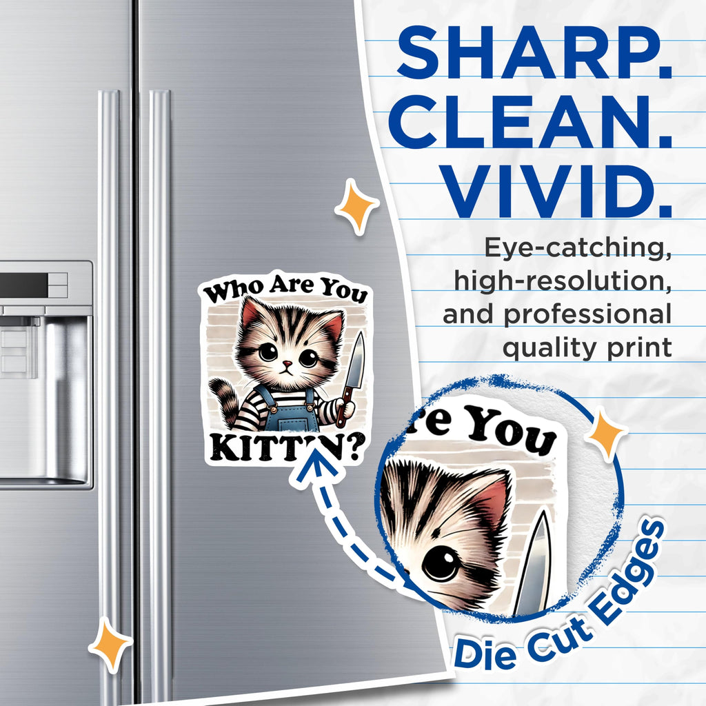 (2 Pack) Funny Kitten Magnets - Cat with Knife - Who are You Kittin Refrigerator Magnets - 5" On Longest Side - Premium Magnet - for Cars, Refrigerators, Toolboxes, Lockers - Made in USA - MAG15361