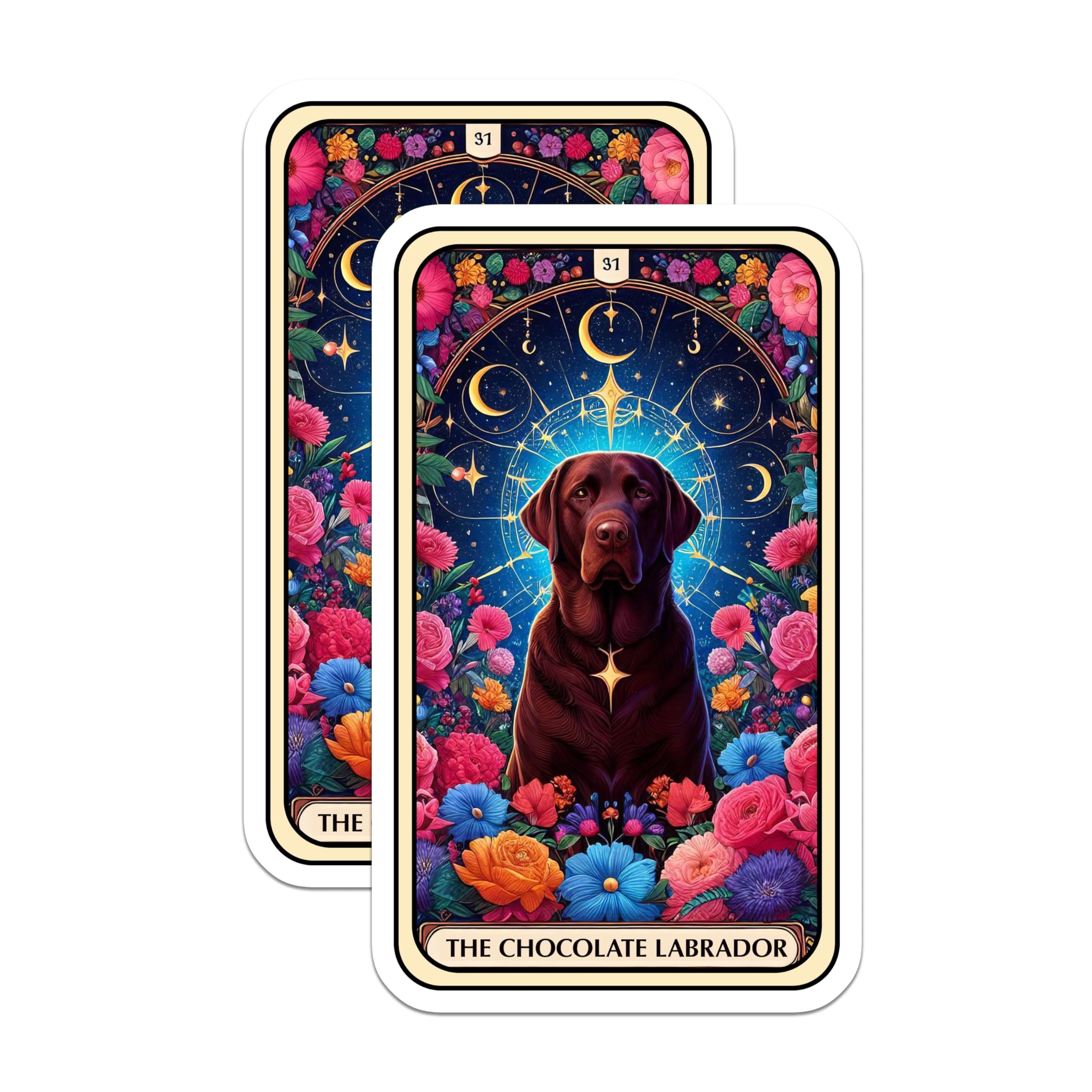 (2 Pack) Chocolate Labrador Stickers - Astrology Dog Stickers - Floral Dog Stickers - 5" On Longest Side - Sticks to Smooth Flat Surfaces - Made in USA - BMCS4811