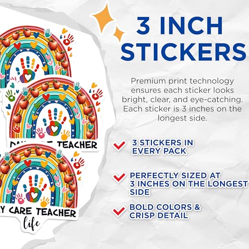 (3 Pack) Daycare Teacher Life Decals - Rainbow Apple Art - Educator Laptop Sticker - 3 Inches On Longest Side - Easy Peel & Apply - Made in USA - 3MCS6811