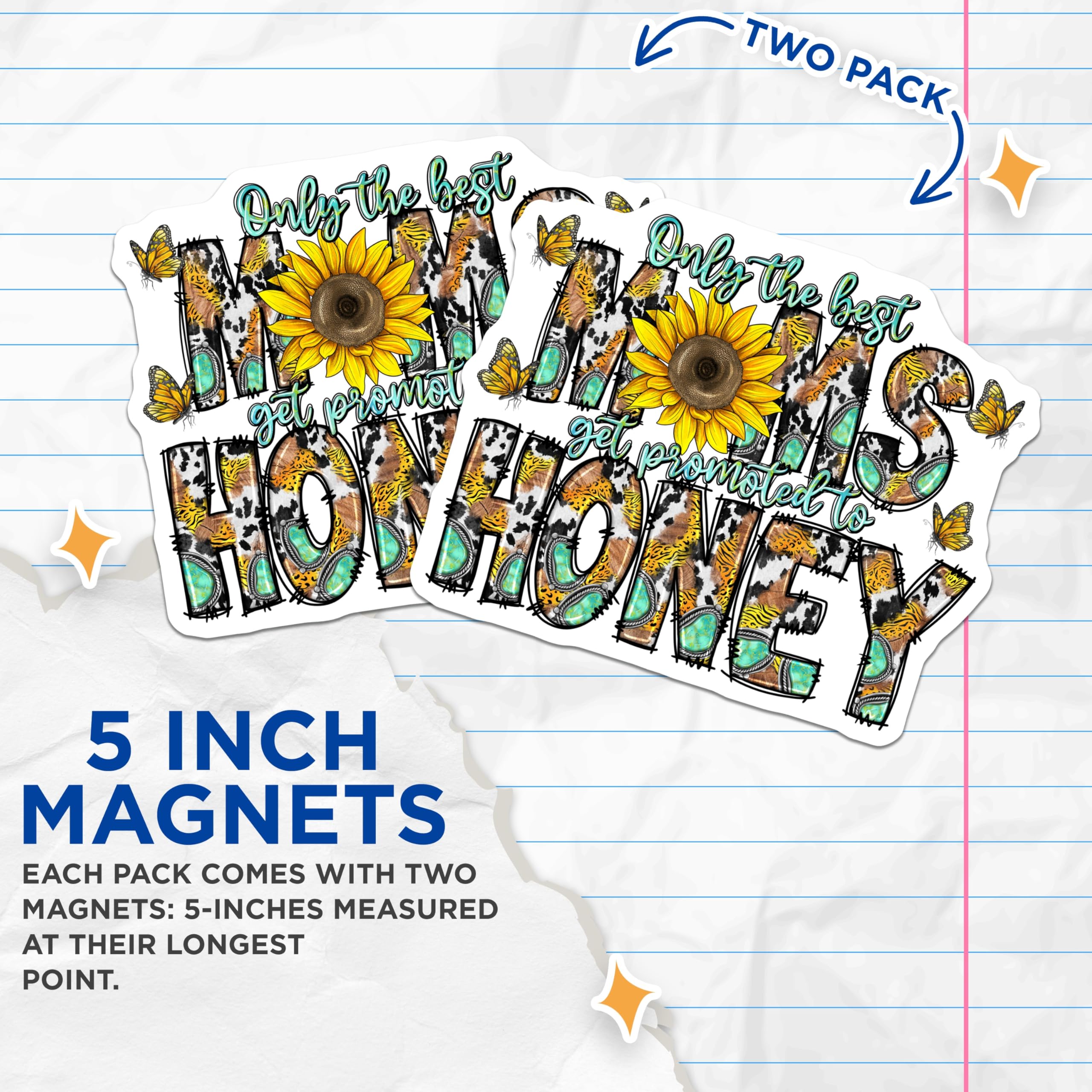 (2 Pack) Moms Honey Magnets - Sunflower Butterfly Decor - Cow Print Western Southern - 5 Inches On Longest Side - Thick Durable Magnet - Made in USA - MAG23810