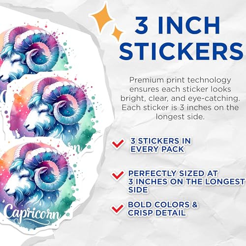 (3 Pack) Capricorn Zodiac Decals - Astrology Sign Decals - Horoscope Stickers- 3 Inches On Longest Side - Easy Peel & Apply - Made in USA - 3MCS5691