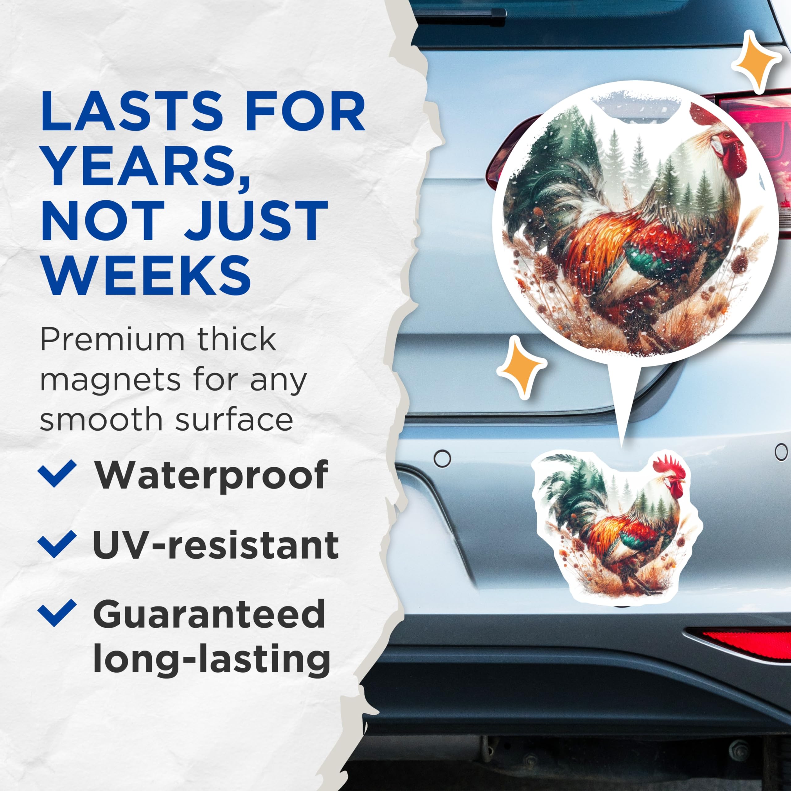 (2 Pack) Rooster Magnets - Forest Animal Magnet - Farmhouse Kitchen Decor - 5" On Longest Side - Premium Magnet - for Cars, Refrigerators, Toolboxes, Lockers - Made in USA - MAG15220
