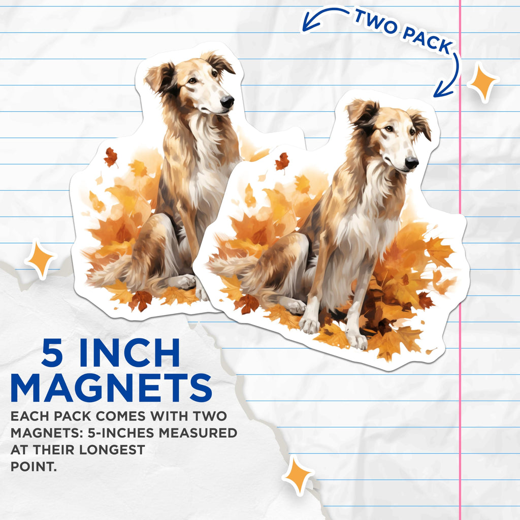 (2 Pack) Borzoi Dog Magnets - Autumn Leaves Decor - Sighthound Pet Art - Fall Kitchen Accent - 5 Inches On Longest Side - Thick Durable Magnet - Made in USA - MAG25103
