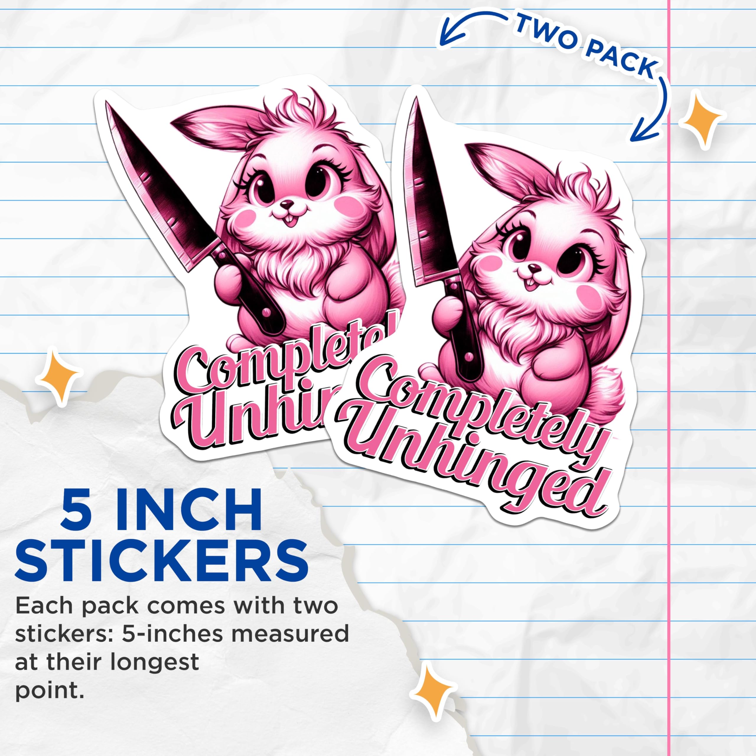 (2 Pack) Completely Unhinged Stickers - Funny Bunny Stickers - Cute Animal Decals - 5" On Longest Side - Sticks to Smooth Flat Surfaces - Made in USA - BMCS4574