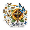 (2 Pack) Believe Sunflower Cross Stickers - Inspirational Floral - Motivational Butterfly - 5" On Longest Side - Sticks to Smooth Flat Surfaces - Made in USA - BMCS7880