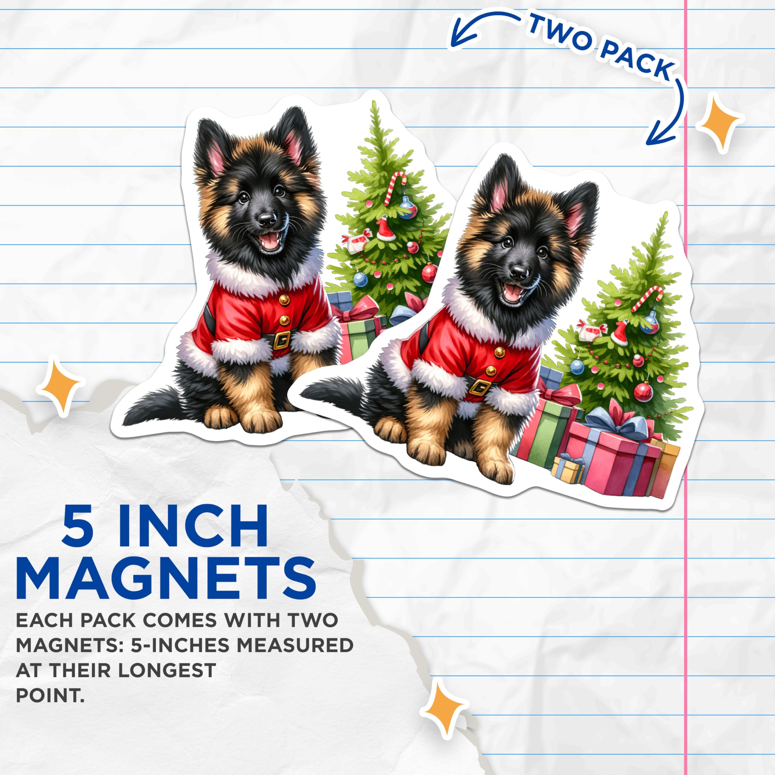 (2 Pack) Christmas German Shepherd Magnets - Santa Puppy Magnets - Holiday Dog Decor for Fridge - 5 Inches On Longest Side - Thick Durable Magnet - Made in USA - MAG28694