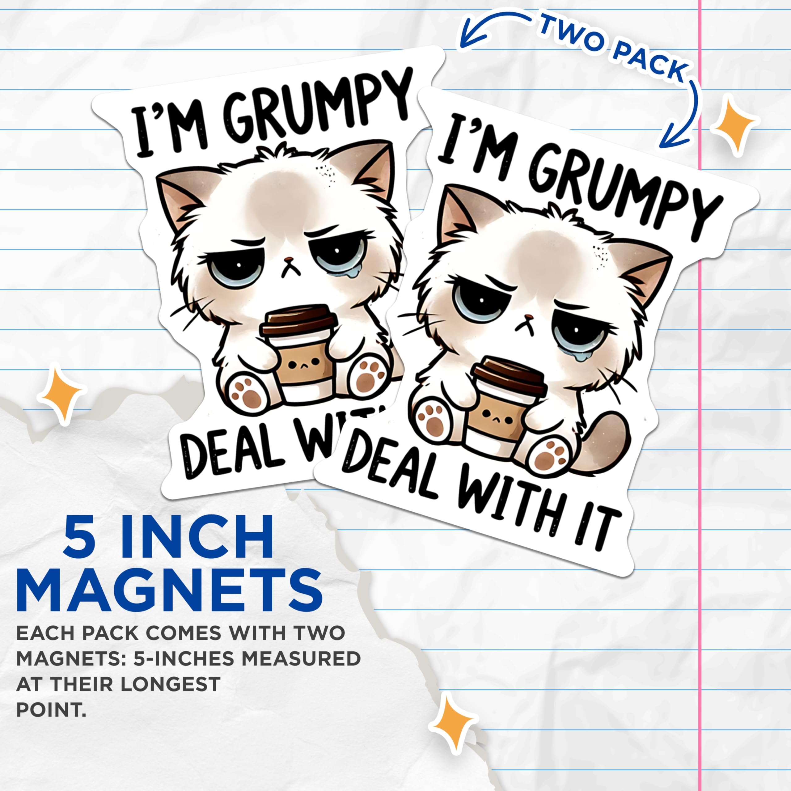 (2 Pack) Grumpy Cat Magnets - Funny Feline Humor - Coffee Lover Magnet - 5" On Longest Side - Premium Magnet - for Cars, Refrigerators, Toolboxes, Lockers - Made in USA - MAG14670