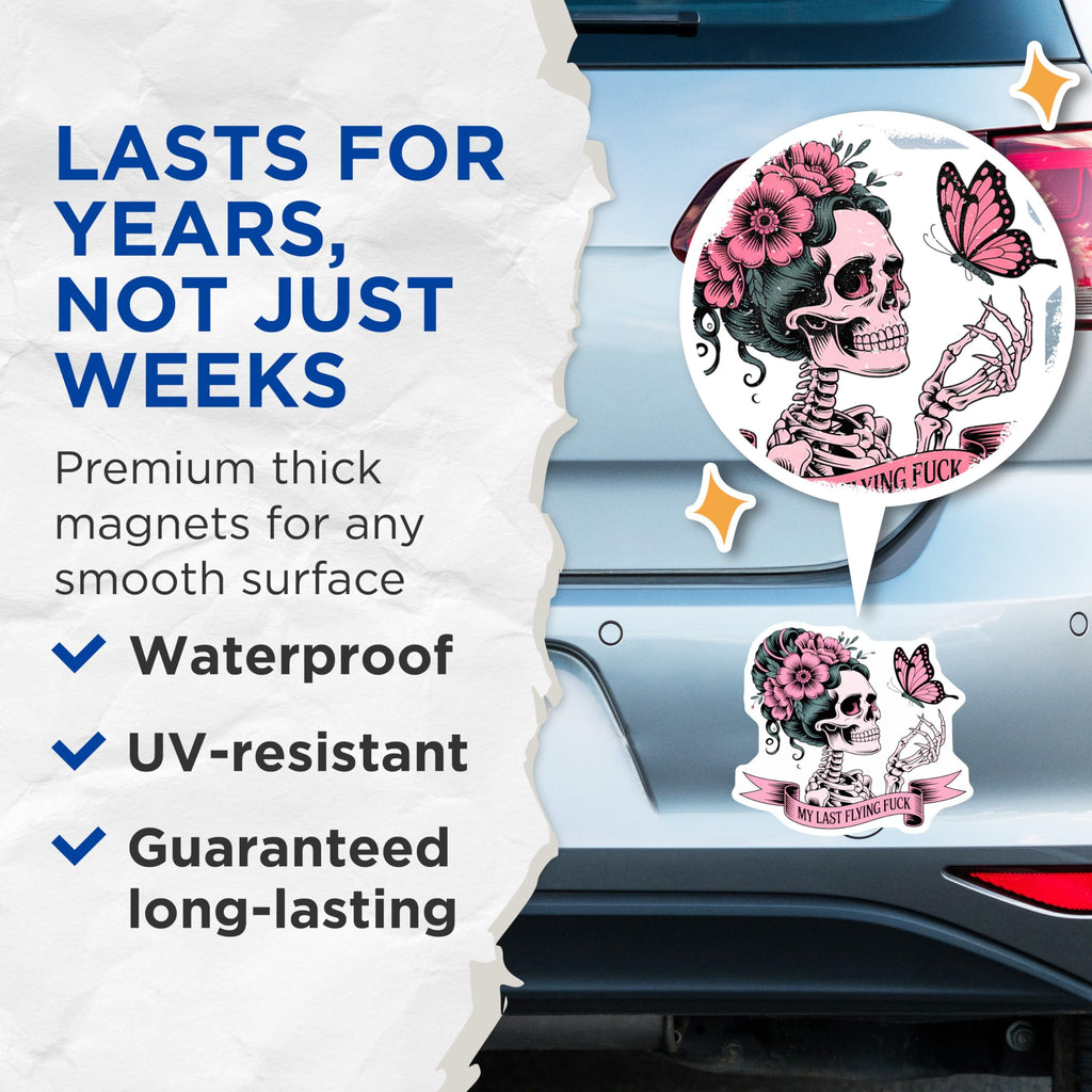 (2 Pack) Edgy Skeleton Magnets - My Last Flying Fuck Humor - Floral Pink Butterfly Skull - Quirky Refrigerator Home Decor - 5 Inches On Longest Side - Thick Durable Magnet - Made in USA - MAG22688