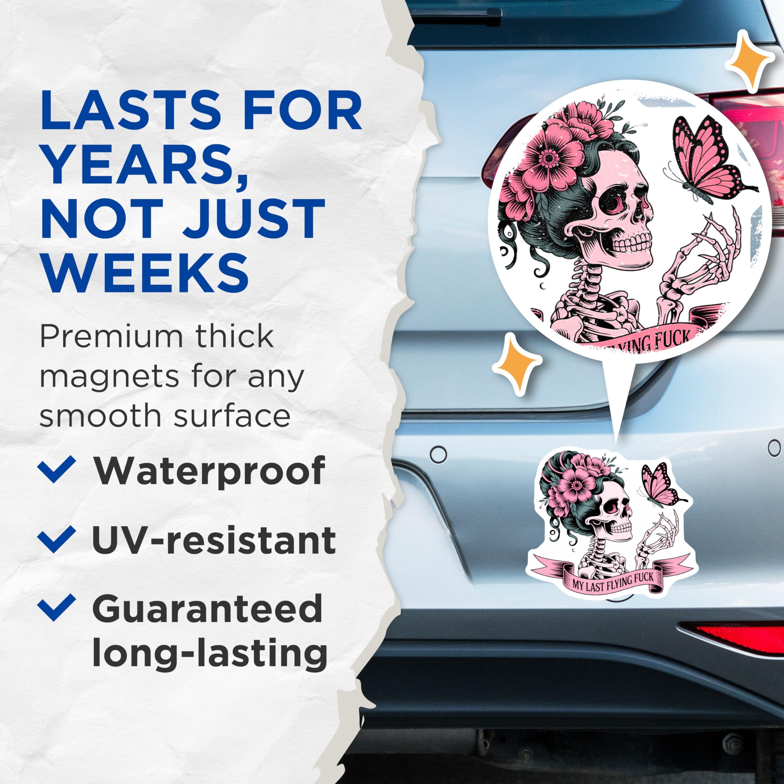 (2 Pack) Edgy Skeleton Magnets - My Last Flying Fuck Humor - Floral Pink Butterfly Skull - Quirky Refrigerator Home Decor - 5 Inches On Longest Side - Thick Durable Magnet - Made in USA - MAG22688