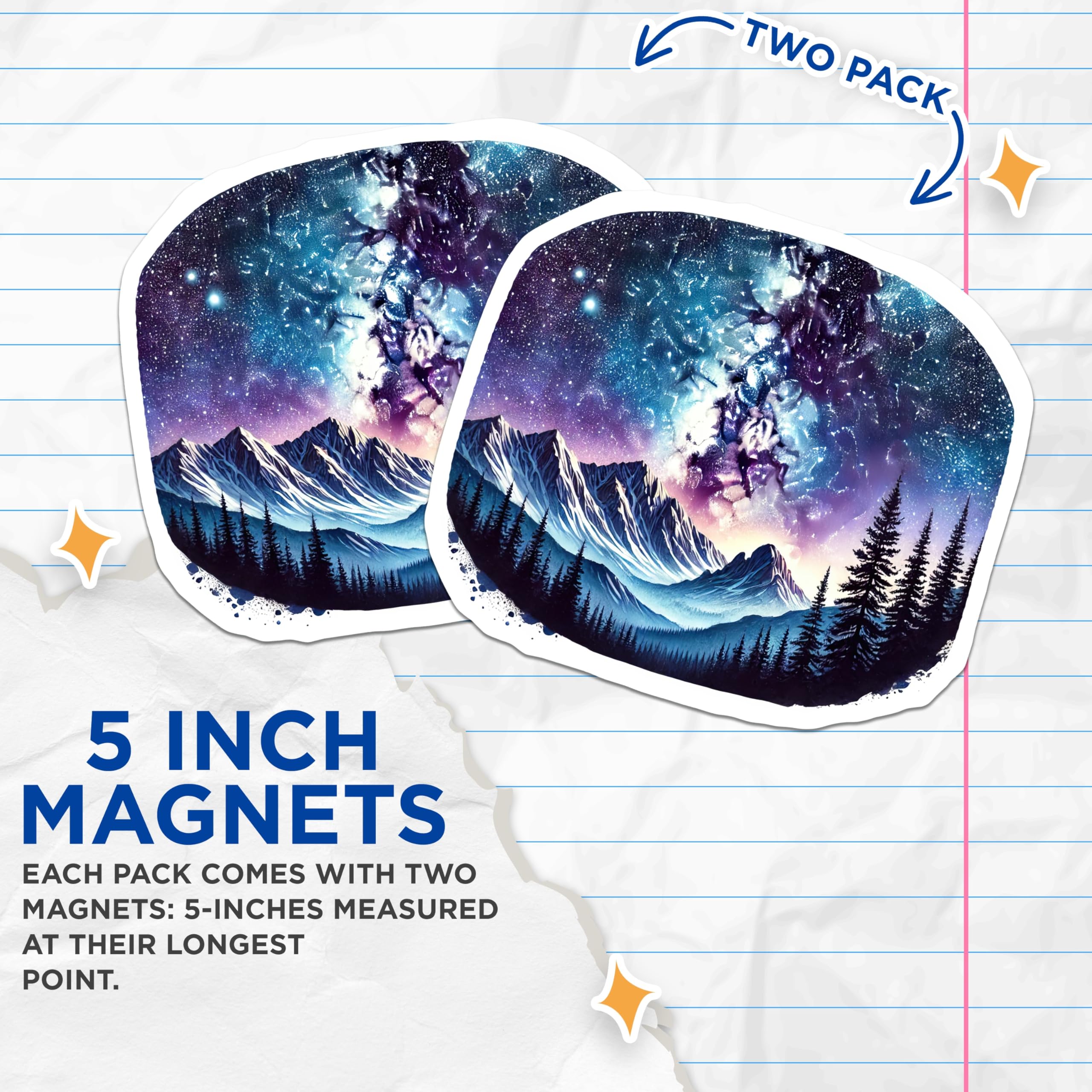 (2 Pack) Mountain Galaxy Magnets - Night Sky Decor - Starry Landscape Magnets - 5" On Longest Side - Premium Magnet - for Cars, Refrigerators, Toolboxes, Lockers - Made in USA - MAG18537