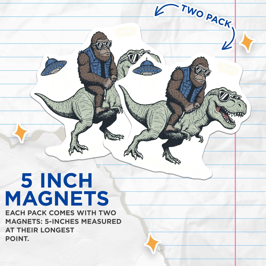 (2 Pack) Gorilla Riding T-Rex Magnets - Funny Bruh Meme Dinosaur - Sci-Fi Animal Refrigerator Decor - 5 Inches On Longest Side - Thick Durable Magnet - Made in USA - MAG22662