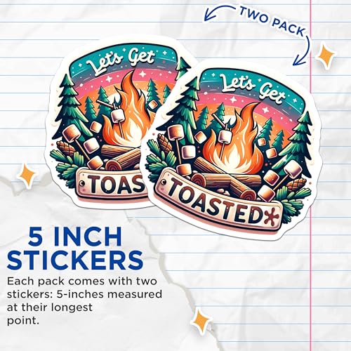 (2 Pack) Let's Get Toasted Stickers - Marshmallow Campfire - Fun Outdoor Adventure - 5" On Longest Side - Sticks to Smooth Flat Surfaces - Made in USA - BMCS7005