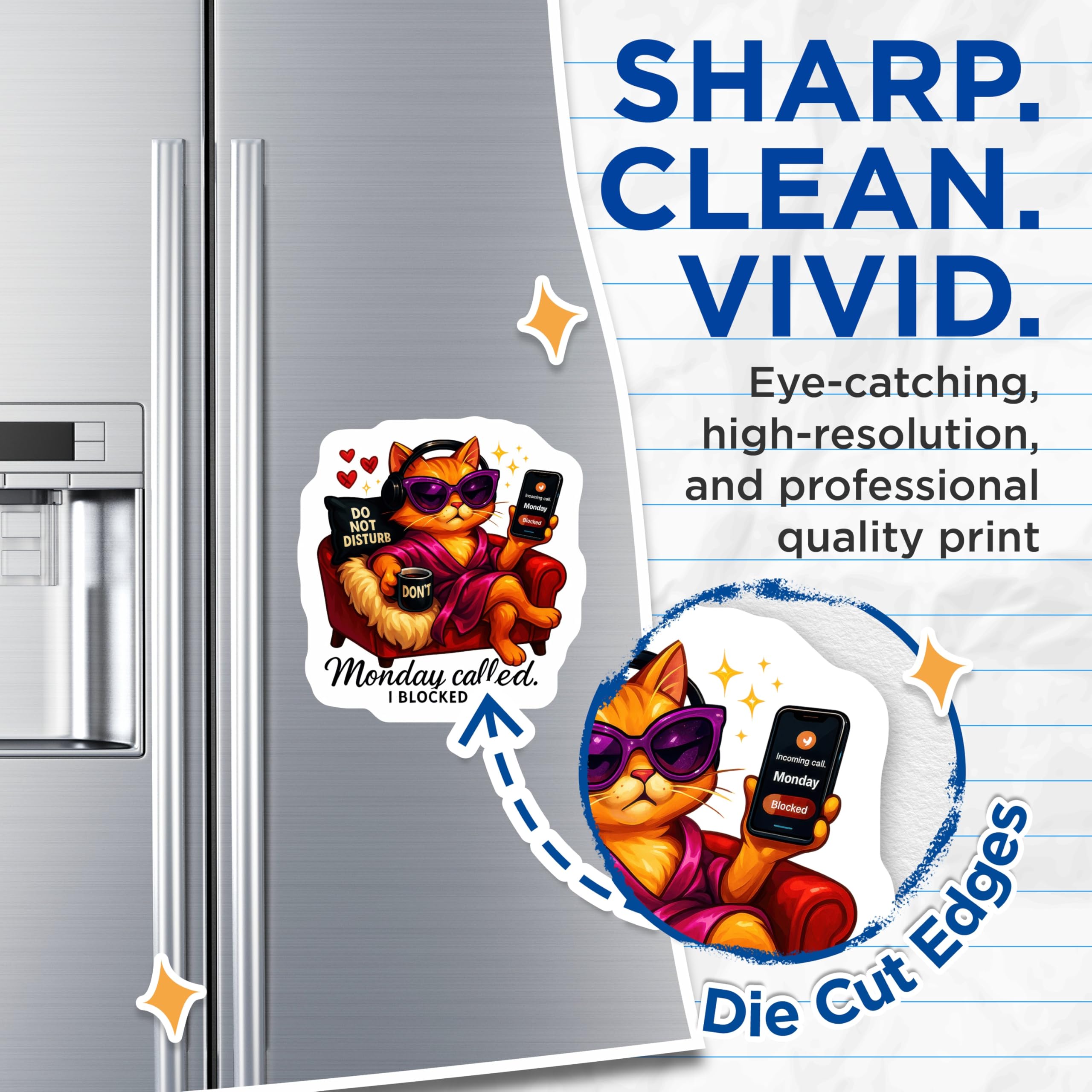 (2 Pack) Sassy Cat Magnets - Monday Blocked Attitude - Funny Feline Fridge Decor - Do Not Disturb Humor Magnet - 5 Inches On Longest Side - Thick Durable Magnet - Made in USA - MAG22042