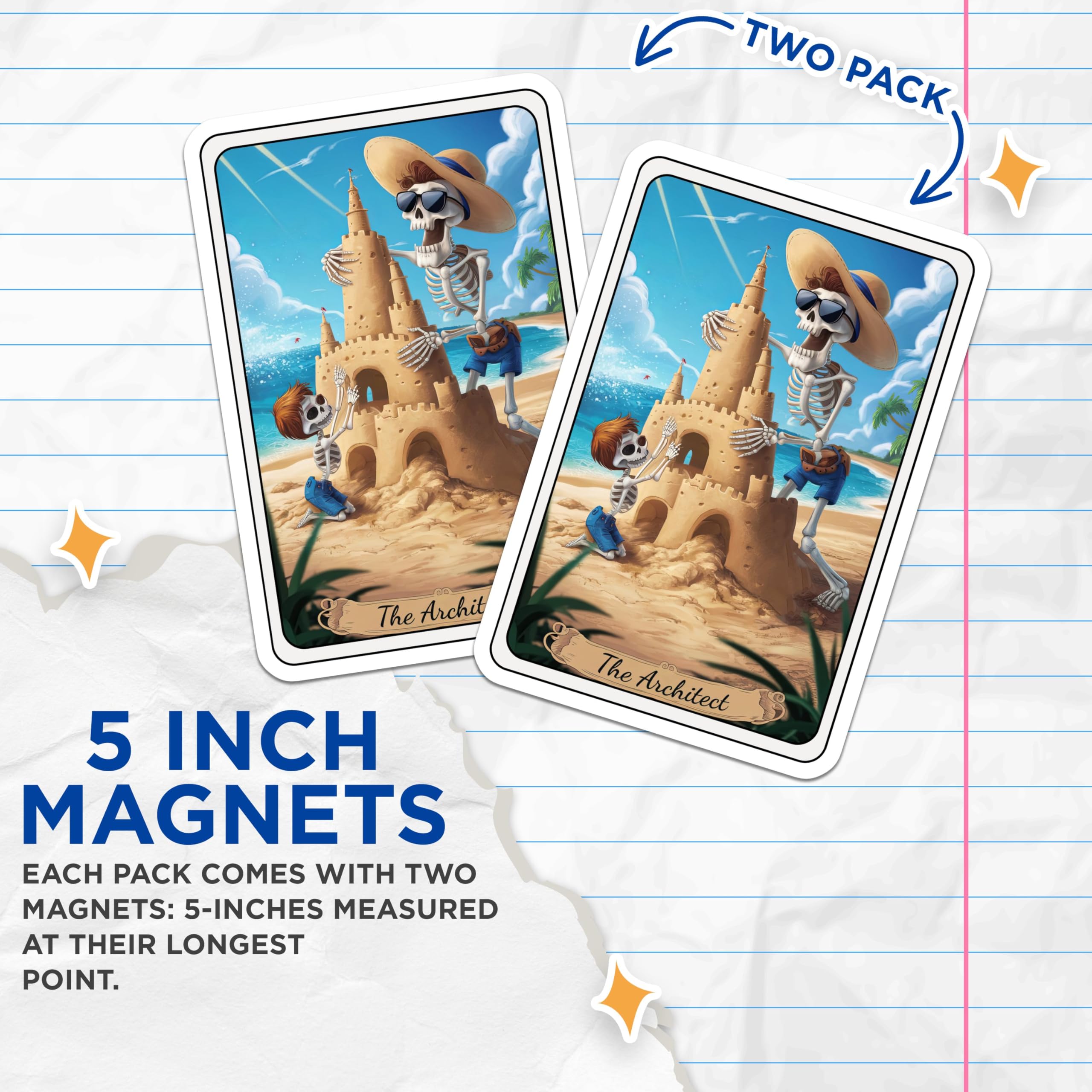 (2 Pack) Skeleton Beach Scene Magnets - Sandcastle Building - Skeleton Family - 5" On Longest Side - for Cars, Fridges, Toolboxes - Made in USA - MAG4441