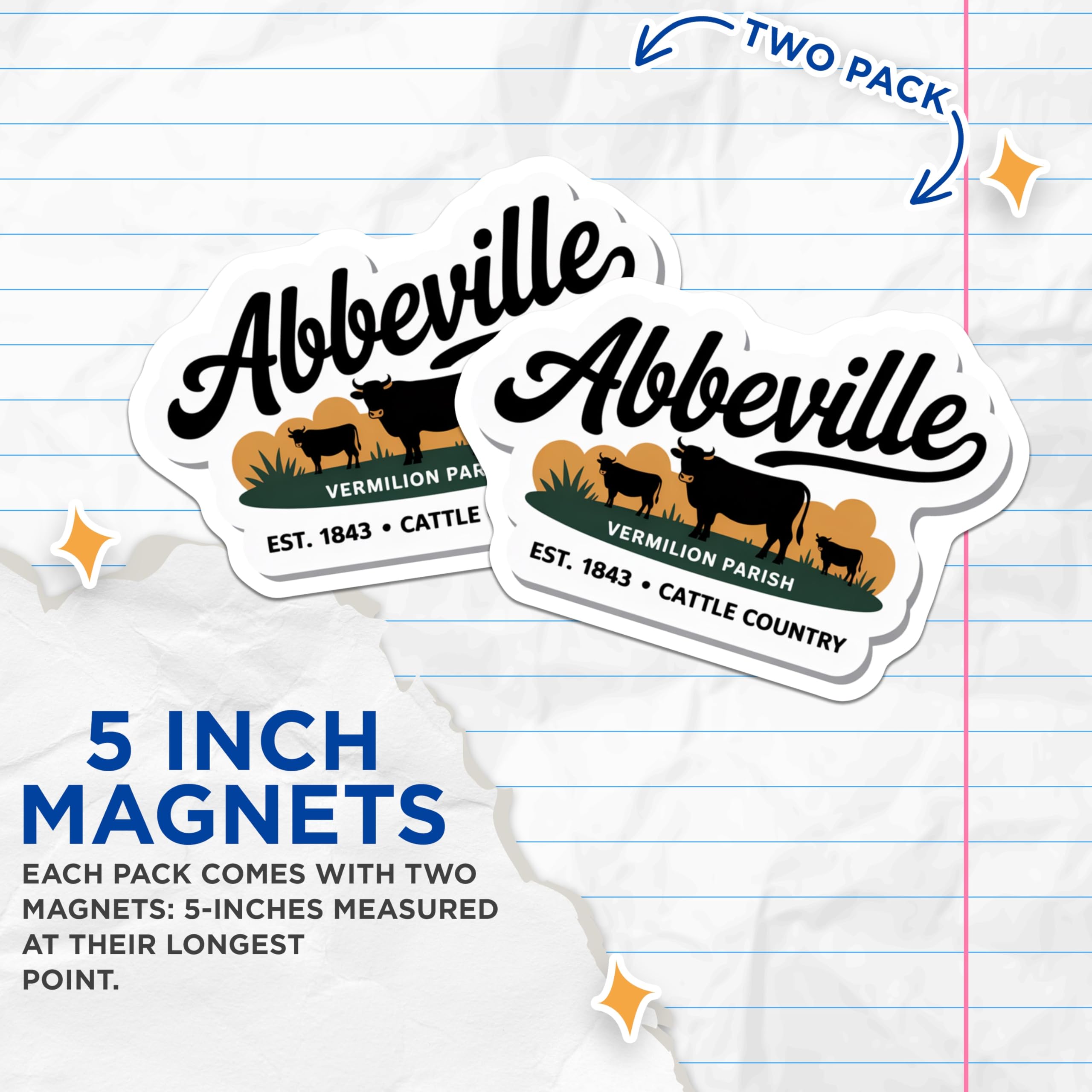 (2 Pack) Abbeville Magnets - Vermilion Parish Louisiana - Cattle Country Decor - Farm Life Souvenir - 5 Inches On Longest Side - Thick Durable Magnet - Made in USA - MAG19357