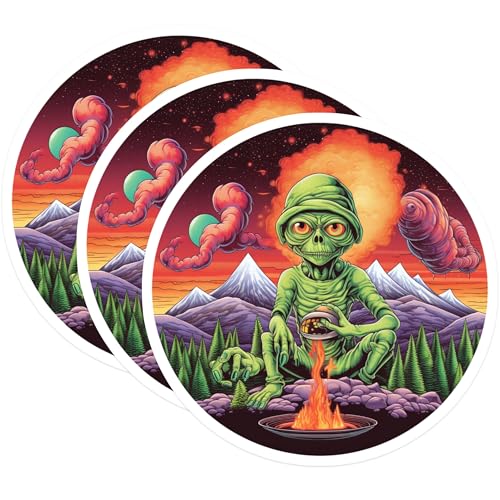 (3 Pack) Alien Campfire Decals - Sci-Fi Art - Laptop Decals - 3 Inches On Longest Side - Easy Peel & Apply - Made in USA - 3MCS2841