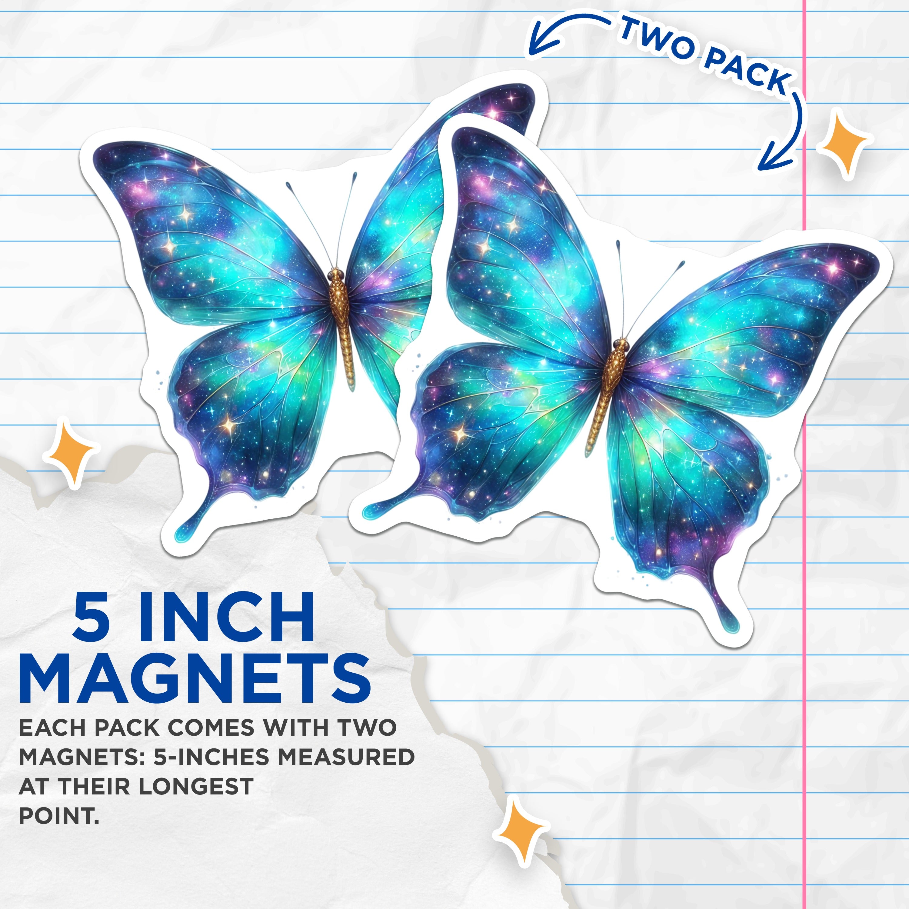 (2 Pack) Galaxy Butterfly Magnets - Celestial Space Decor - Aesthetic Fridge Locker Butterfly Art - 5 Inches On Longest Side - Thick Durable Magnet - Made in USA - MAG36619