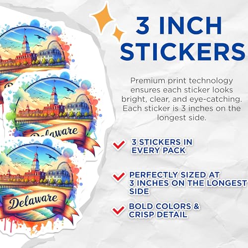 (3 Pack) Delaware Decals - Laptop Decals - State Pride Sticker- 3 Inches On Longest Side - Easy Peel & Apply - Made in USA - 3MCS5593