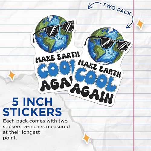 (2 Pack) Make Earth Cool Again Stickers - Environmental Awareness - Earth Day - 5" On Longest Side - Sticks to Smooth Flat Surfaces - Made in USA - BMCS7691