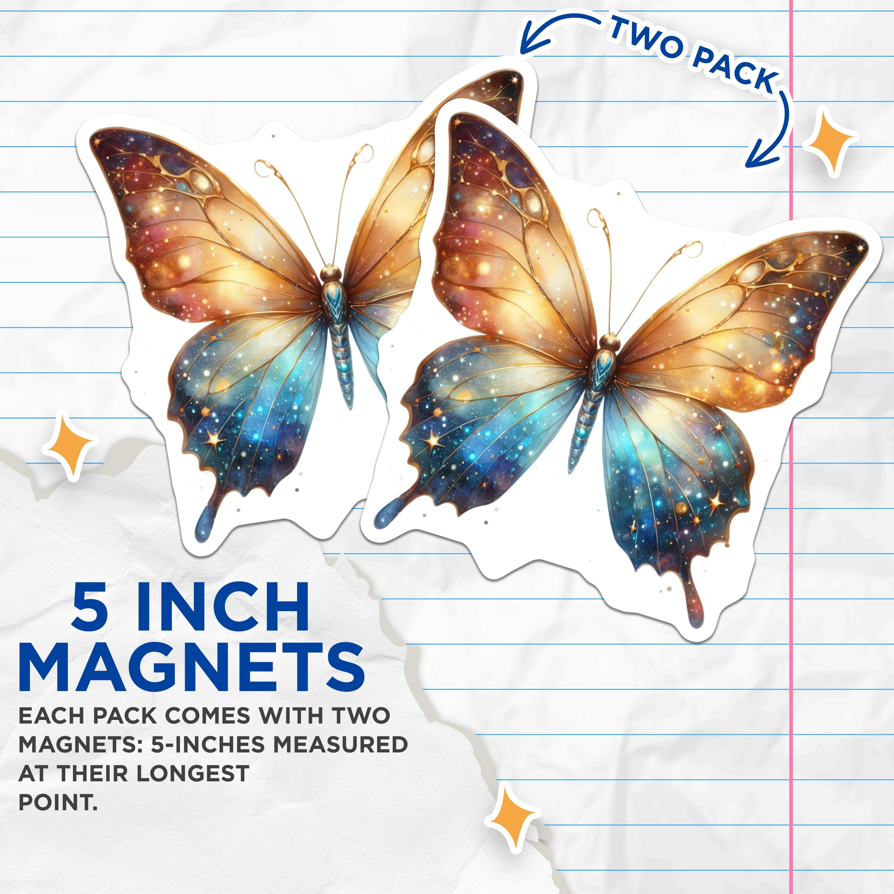 (2 Pack) Galaxy Butterfly Magnets - Celestial Aesthetic - Whimsical Home Decor - Stargazer Art Display - 5 Inches On Longest Side - Thick Durable Magnet - Made in USA - MAG36494