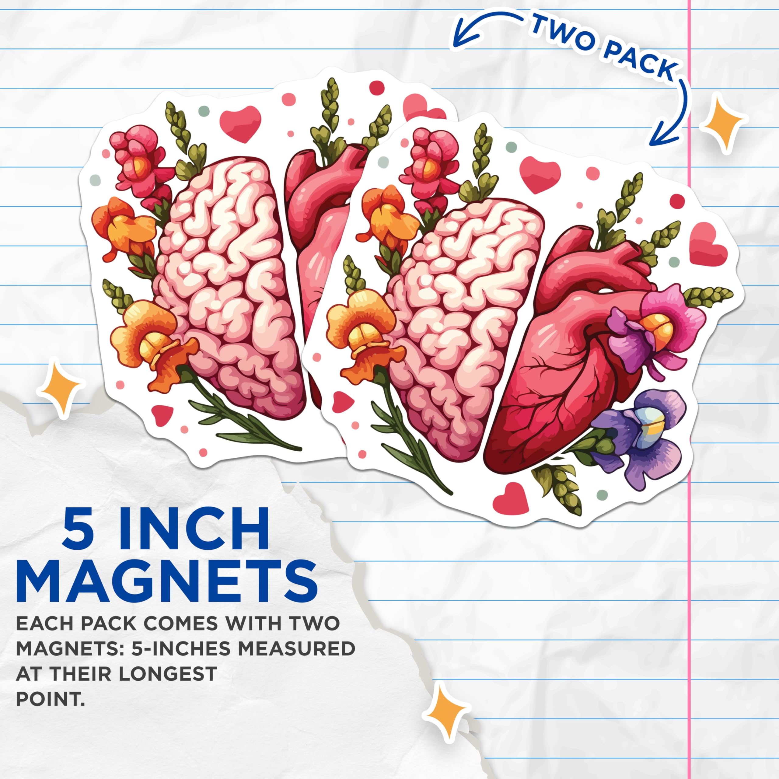 (2 Pack) Brain Heart Magnets - Floral Anatomy Decor - Emotional Balance Art - 5 Inches On Longest Side - Thick Durable Magnet - Made in USA - MAG19849