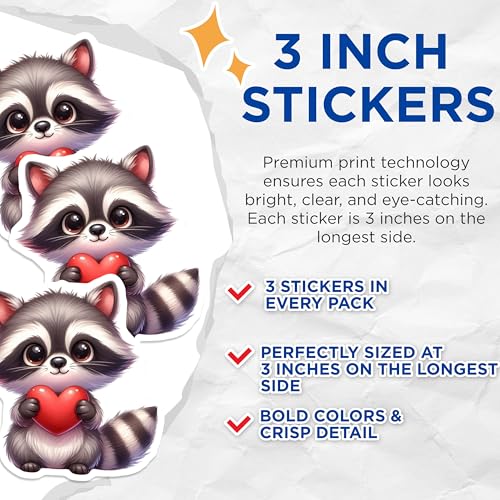 (3 Pack) Raccoon with Heart Decals - Cute Animal Stickers - Laptop Decal - 3 Inches On Longest Side - Easy Peel & Apply - Made in USA - 3MCS2445