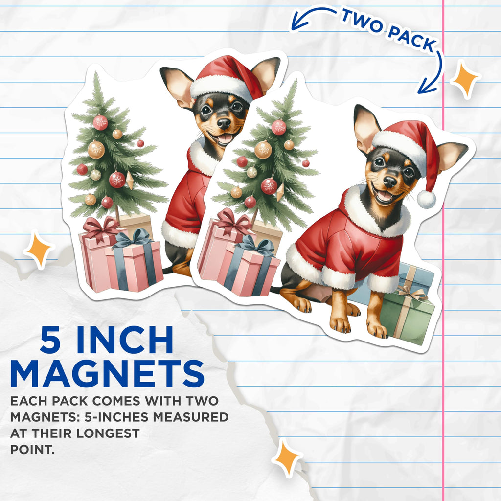 (2 Pack) Christmas Dog Magnets - Santa Puppy Holiday Decor - Miniature Pinscher Refrigerator Magnets - 5 Inches On Longest Side - Thick Durable Magnet - Made in USA - MAG26436