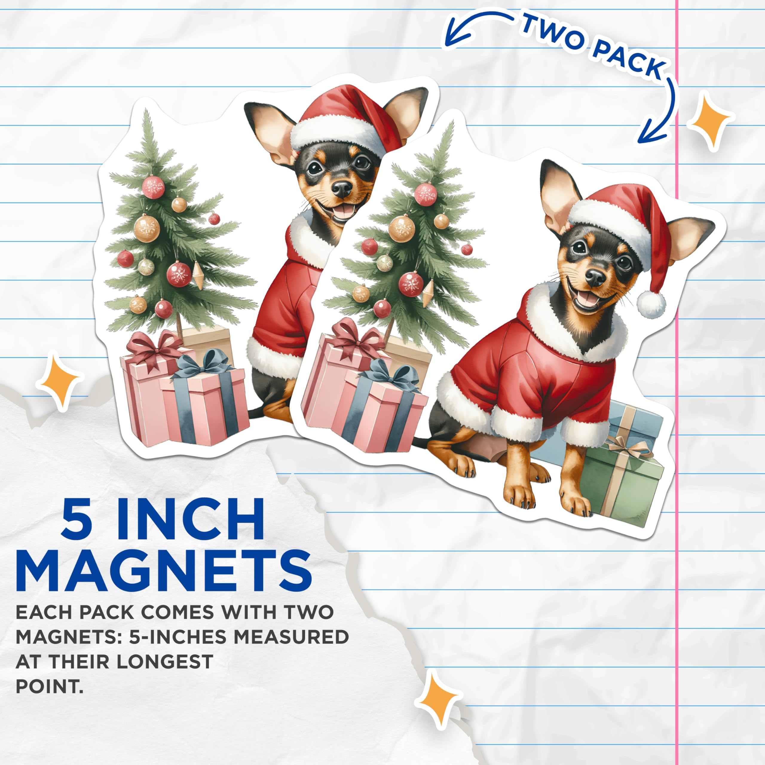 (2 Pack) Christmas Dog Magnets - Santa Puppy Holiday Decor - Miniature Pinscher Refrigerator Magnets - 5 Inches On Longest Side - Thick Durable Magnet - Made in USA - MAG26436