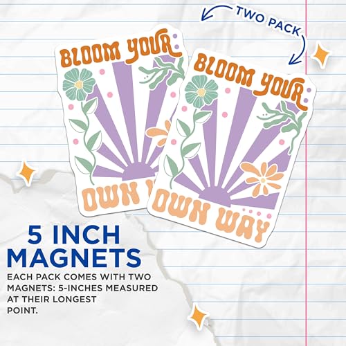 (2 Pack) Bloom Your Own Way Magnets - Flower Design - Inspirational Quote - Sunburst Art - 5" On Longest Side - for Cars, Fridges, Toolboxes - Made in USA - MAG3831