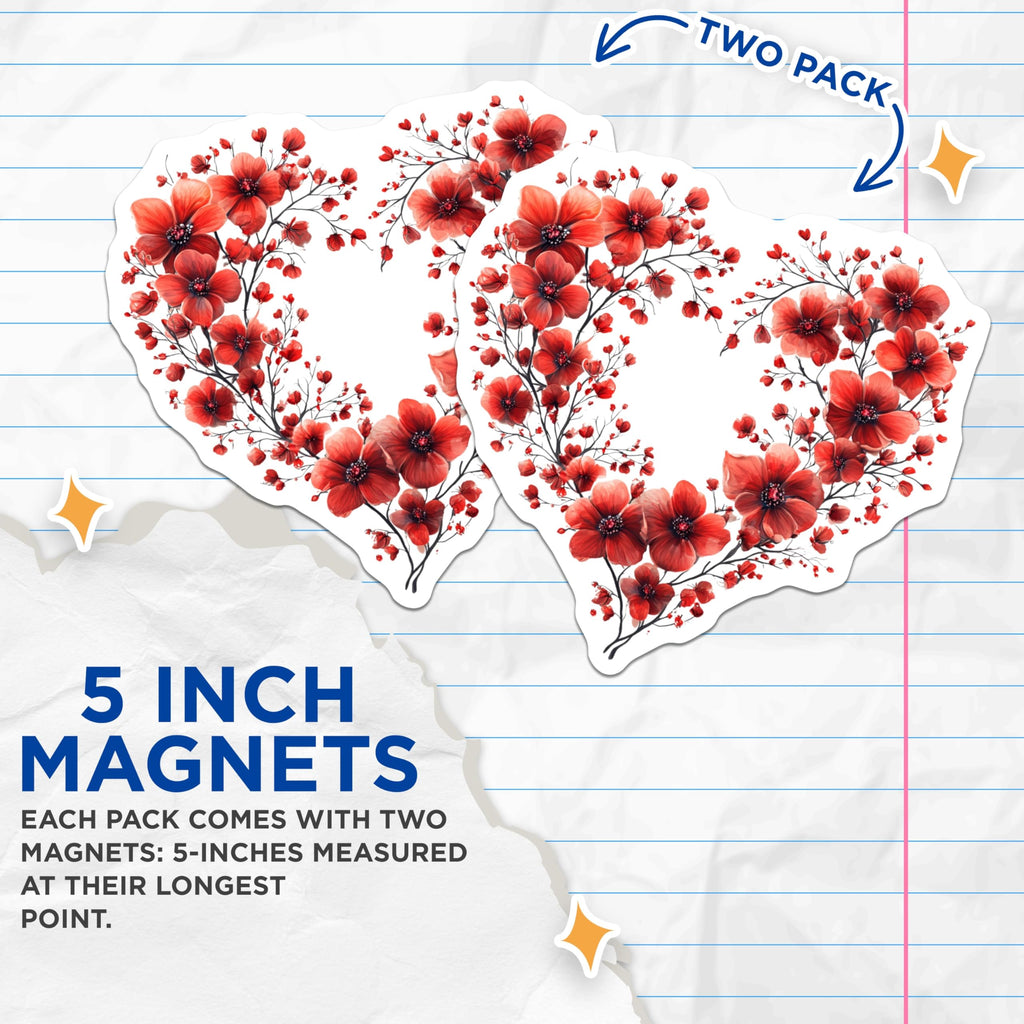 (2 Pack) Red Floral Heart Magnets - Valentine's Day Decor - Mother's Day Present - 5 Inches On Longest Side - Thick Durable Magnet - Made in USA - MAG30104