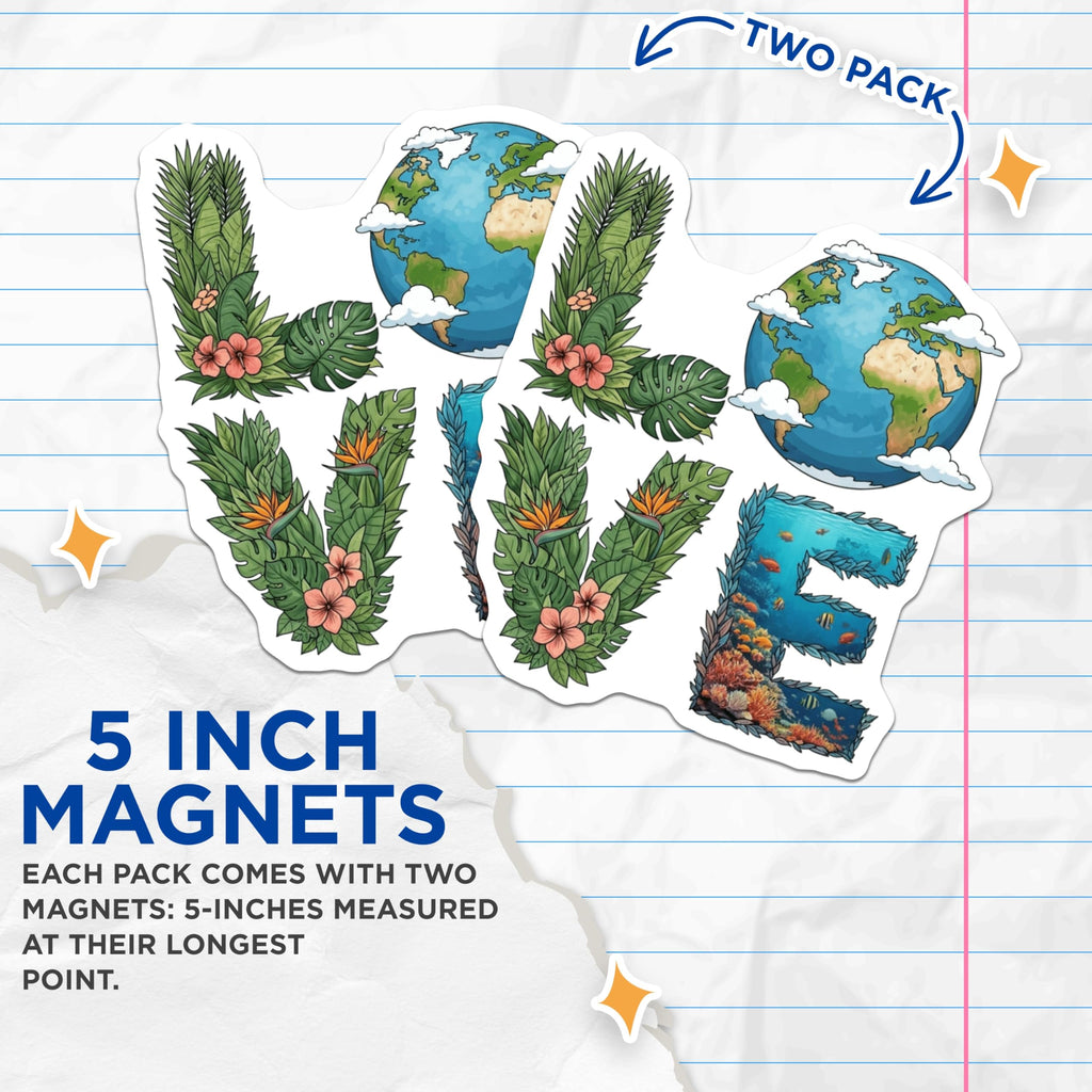 (2 Pack) Earth Love Magnets - Planet Earth Nature Conservation Decor - Tropical Leaves Ocean Coral Reef Fridge Art - 5 Inches On Longest Side - Thick Durable Magnet - Made in USA - MAG21934