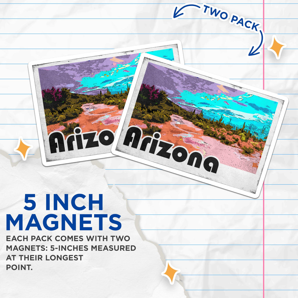 (2 Pack) Arizona Desert Magnets - Vibrant Pop Art Saguaro Cactus Fridge Decor - Retro Southwest Travel Souvenir - 5 Inches On Longest Side - Thick Durable Magnet - Made in USA - MAG19336