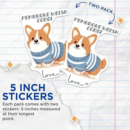 (2 Pack) Corgi Dog Stickers - Cute Dog Decals - Pembroke Welsh Corgi Adorable Stickers for Laptops - 5" On Longest Side - Sticks to Smooth Flat Surfaces - Made in USA - BMCS7306