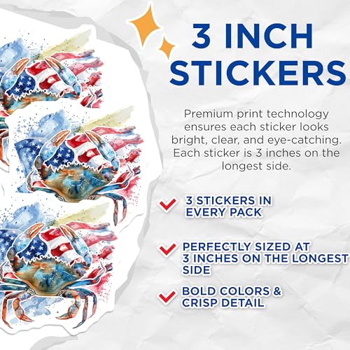 (3 Pack) Patriotic Crab Decals - American Flag Decals - Coastal Laptop Decal- 3 Inches On Longest Side - Easy Peel & Apply - Made in USA - 3MCS5720