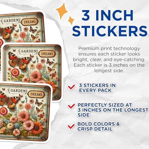 (3 Pack) Butterfly Flowers Decals - Garden Dreams Decal - Laptop Decal- 3 Inches On Longest Side - Easy Peel & Apply - Made in USA - 3MCS5460