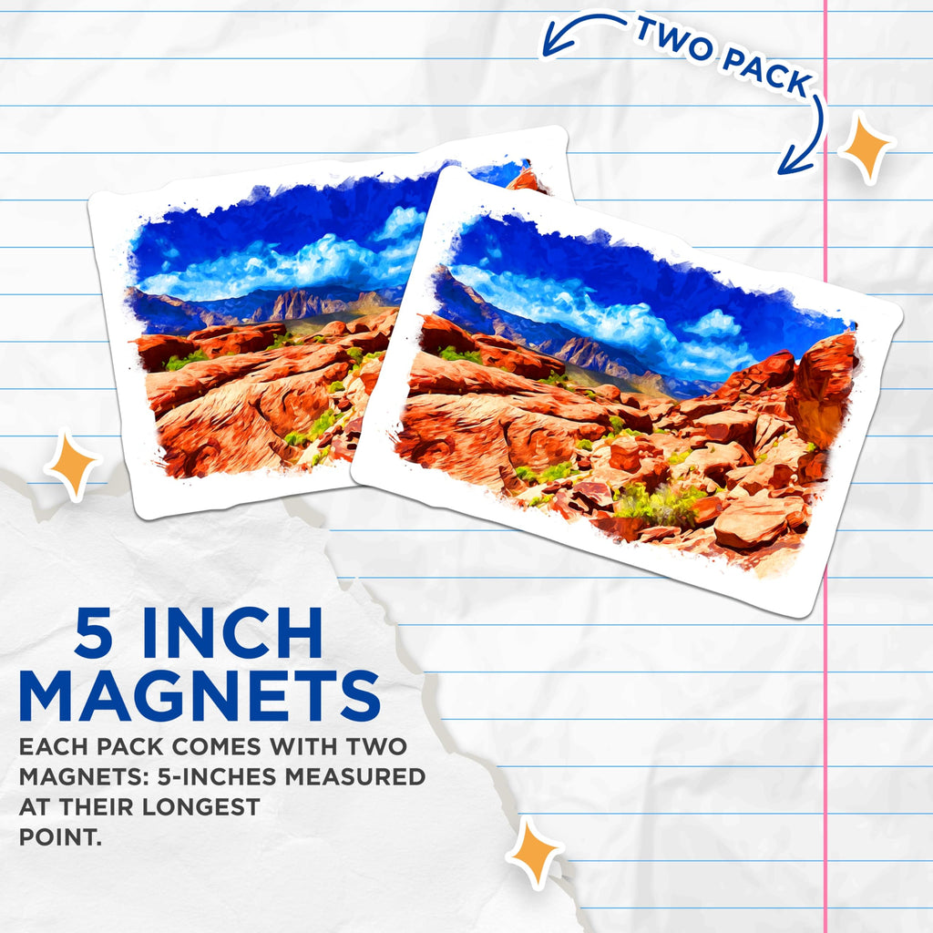 (2 Pack) Desert Landscape Magnets - Red Rock Canyon Art - Scenic Refrigerator Decor - 5 Inches On Longest Side - Thick Durable Magnet - Made in USA - MAG21203
