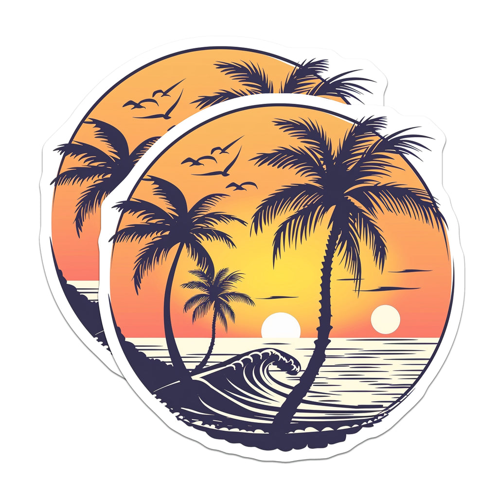 (2 Pack) Sunset Beach Magnets - Tropical Palm Tree Ocean Waves - Retro Beach House Decor - 5 Inches On Longest Side - Thick Durable Magnet - Made in USA - MAG36877
