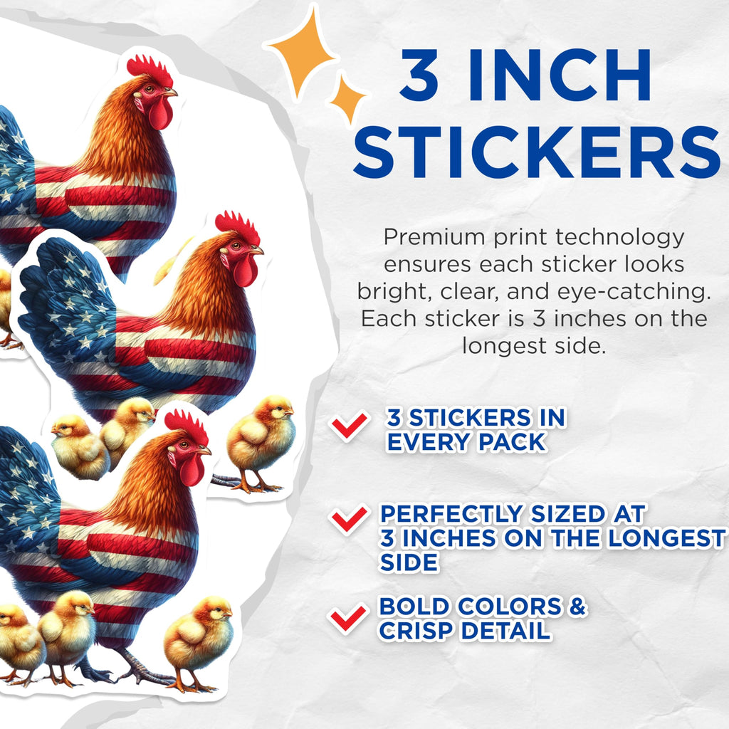 (3 Pack) Patriotic Rooster Decals - American Flag Chicken - Farm Animal Art- 3 Inches On Longest Side - Easy Peel & Apply - Made in USA - 3MCS5731