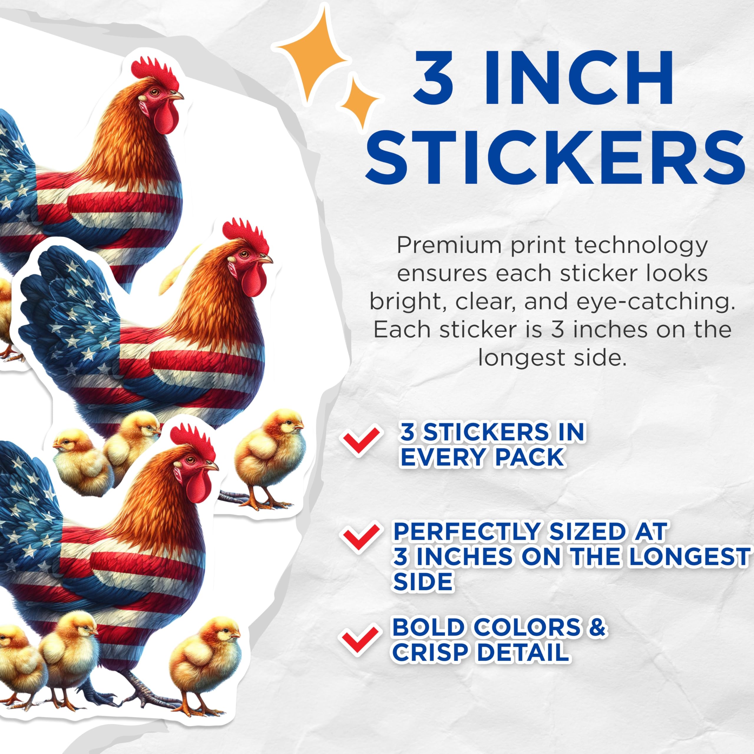 (3 Pack) Patriotic Rooster Decals - American Flag Chicken - Farm Animal Art- 3 Inches On Longest Side - Easy Peel & Apply - Made in USA - 3MCS5731