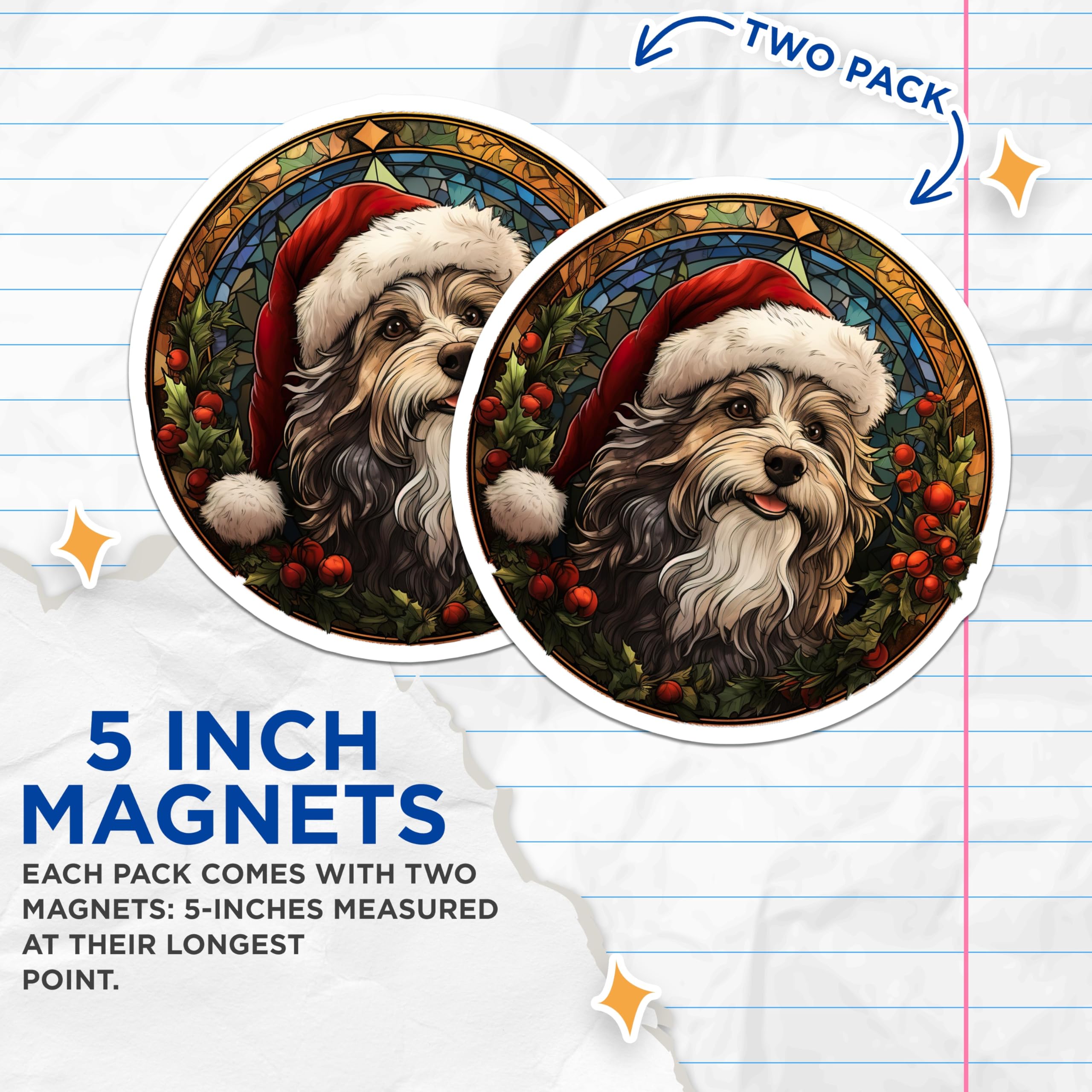 (2 Pack) Festive Christmas Dog Magnets - Santa Hat Dog Art - Stained Glass Style Decor - Holiday Refrigerator Display - 5 Inches On Longest Side - Thick Durable Magnet - Made in USA - MAG27429
