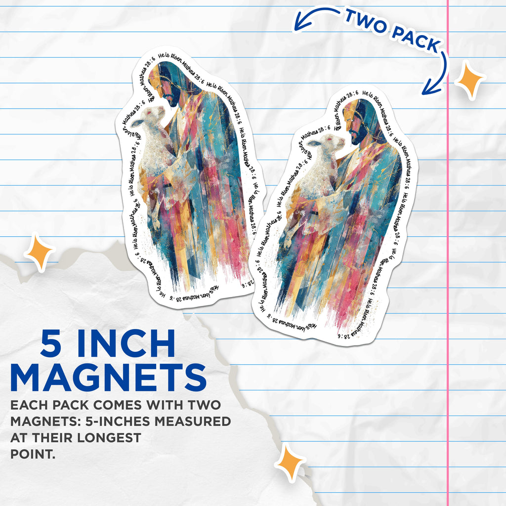 (2 Pack) Jesus Magnets - He is Risen Matthew 28 6 - Christian Refrigerator Decor - Inspirational Faith Art - 5 Inches On Longest Side - Thick Durable Magnet - Made in USA - MAG38998