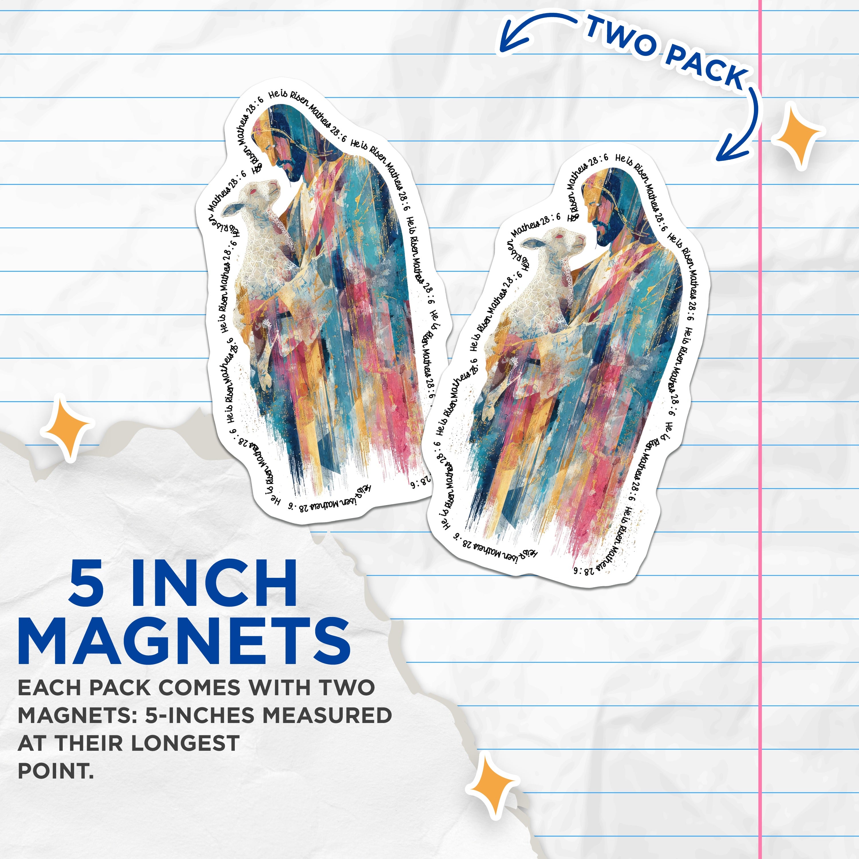 (2 Pack) Jesus Magnets - He is Risen Matthew 28 6 - Christian Refrigerator Decor - Inspirational Faith Art - 5 Inches On Longest Side - Thick Durable Magnet - Made in USA - MAG38998