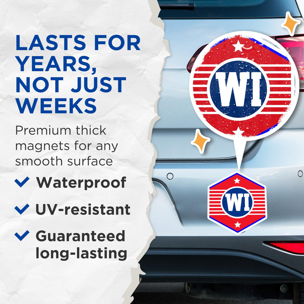 (2 Pack) WI Initial Magnets - Red White Blue - State Pride Decor - 5" On Longest Side - Premium Magnet - for Cars, Refrigerators, Toolboxes, Lockers - Made in USA - MAG18737