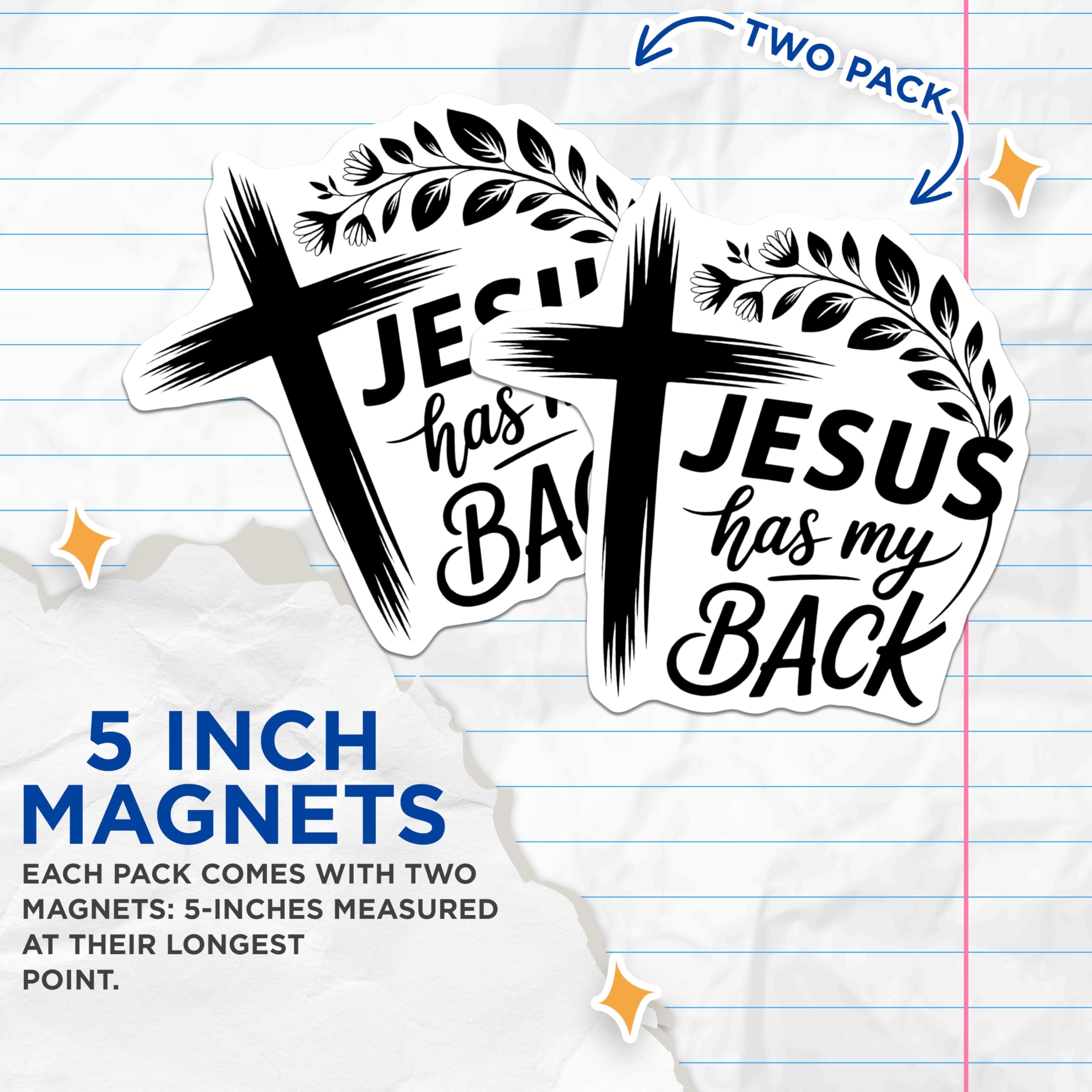 (2 Pack) Jesus Has My Back Magnets - Christian Saying Magnet - Religious Faith Decor - 5" On Longest Side - Premium Magnet - for Cars, Refrigerators, Toolboxes, Lockers - Made in USA - MAG14208