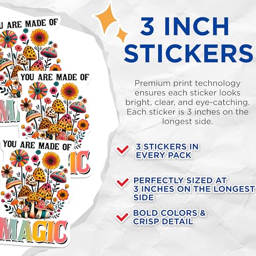 (3 Pack) Mushroom Decals - Floral Magic Decals - Laptop Stickers - 3 Inches On Longest Side - Easy Peel & Apply - Made in USA - 3MCS6824