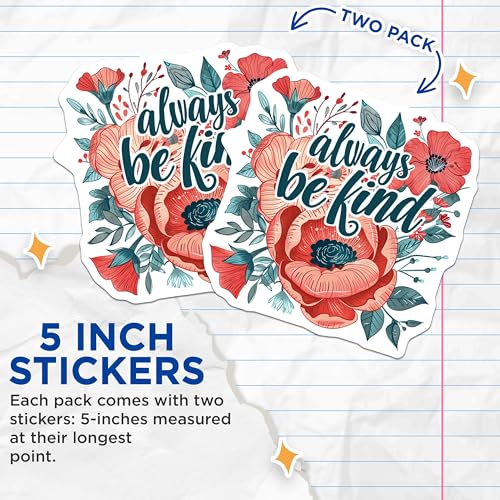 (2 Pack) Always Be Kind Stickers - Motivational Floral Stickers - Inspirational Quote Stickers - 5" On Longest Side - Sticks to Smooth Flat Surfaces - Made in USA - BMCS5108